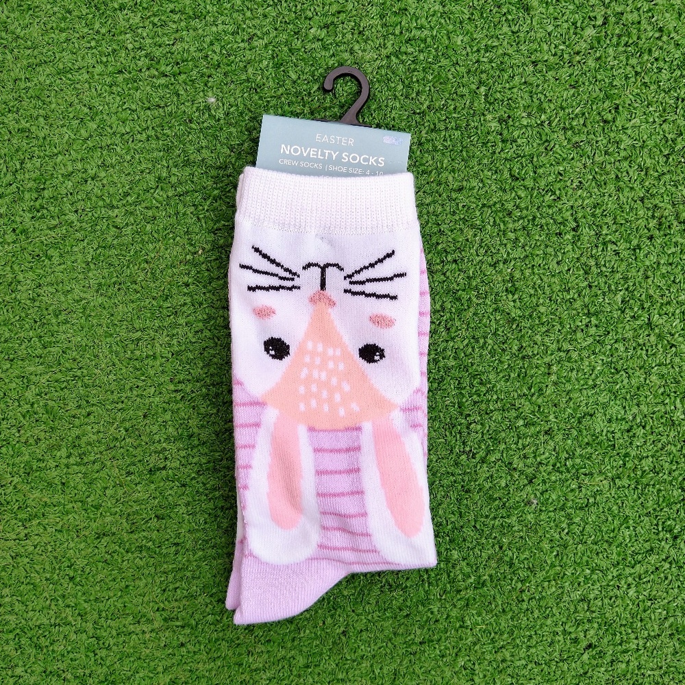Easter Novelty Socks-Upside Down Bunny Rabbit on Stripes Adult Sz 6-10 Socks NWT